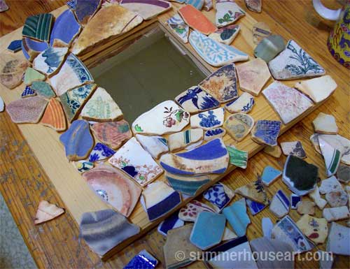 Laying out Beach Pottery shards, Summerhouseart.com