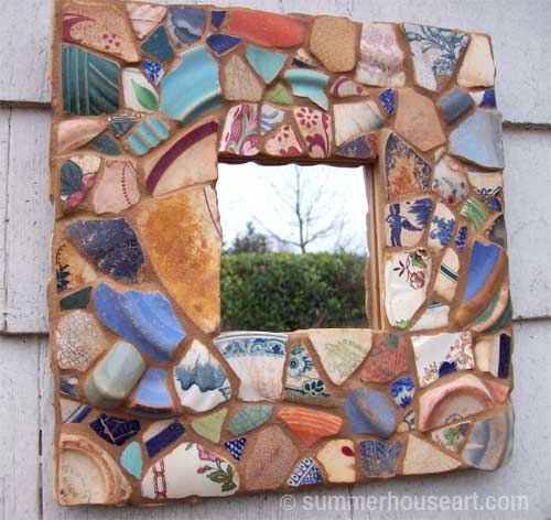 Mirror with Beach Pottery shards, by Helen Bushell, Summerhouseart.com