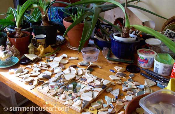 in progress, Pattern Beach Pottery mosaic Helen Bushell, summerhouseart.com