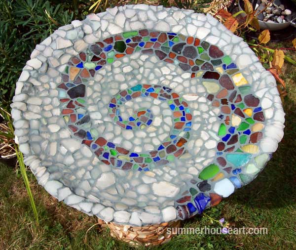 Beach Pottery and Beach Glass birdbath by Helen and Will Bushell summerhouseart.com Beach Pottery and Beach Glass birdbath by Helen and Will Bushell summerhouseart.com