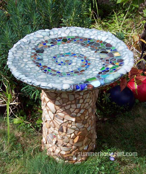Beach Pottery and Beach Glass birdbath by Helen and Will Bushell summerhouseart.com Beach Pottery and Beach Glass birdbath by Helen and Will Bushell summerhouseart.com