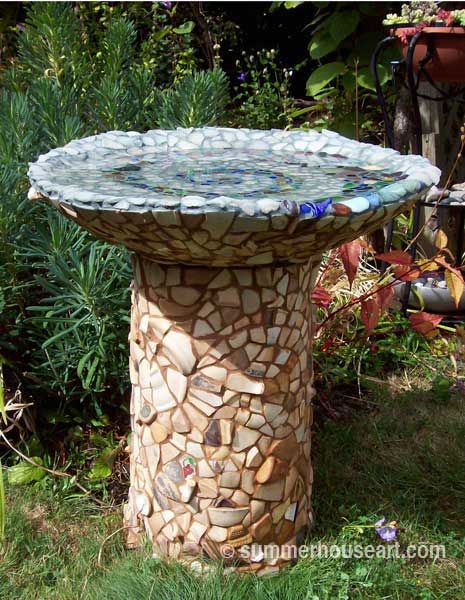 Beach Pottery and Beach Glass birdbath by Helen and Will Bushell summerhouseart.com Beach Pottery and Beach Glass birdbath by Helen and Will Bushell summerhouseart.com