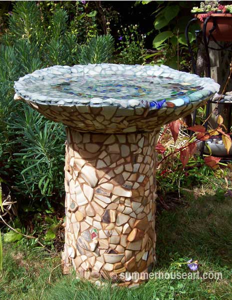  Beach Pottery and Beach Glass birdbath by Helen and Will Bushell summerhouseart.com