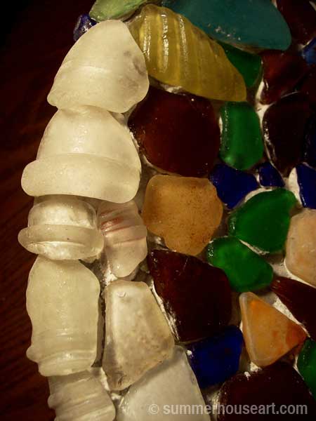 detail, Beach Pottery and Beach Glass birdbath by Helen and Will Bushell summerhouseart.com detail, Beach Pottery and Beach Glass birdbath by Helen and Will Bushell summerhouseart.com