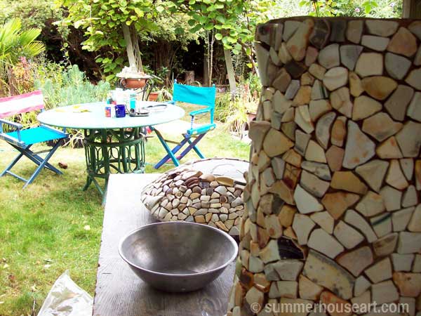 process, Beach Pottery and Beach Glass birdbath by Helen and Will Bushell summerhouseart.com