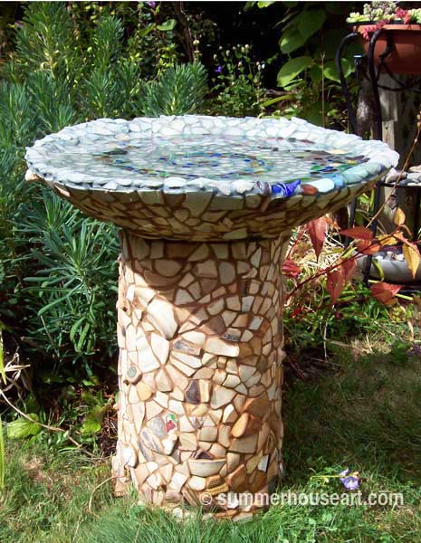 Beach Glass and Beach Pottery Bird Bath by Helen and Will Bushell, summerhouseart.com