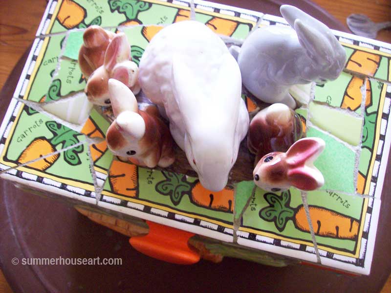 Gluing down ornaments on Bunny Box by Helen Bushell