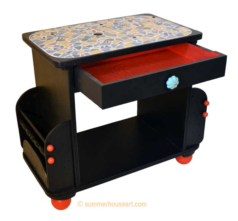 mosaic table with red drawer