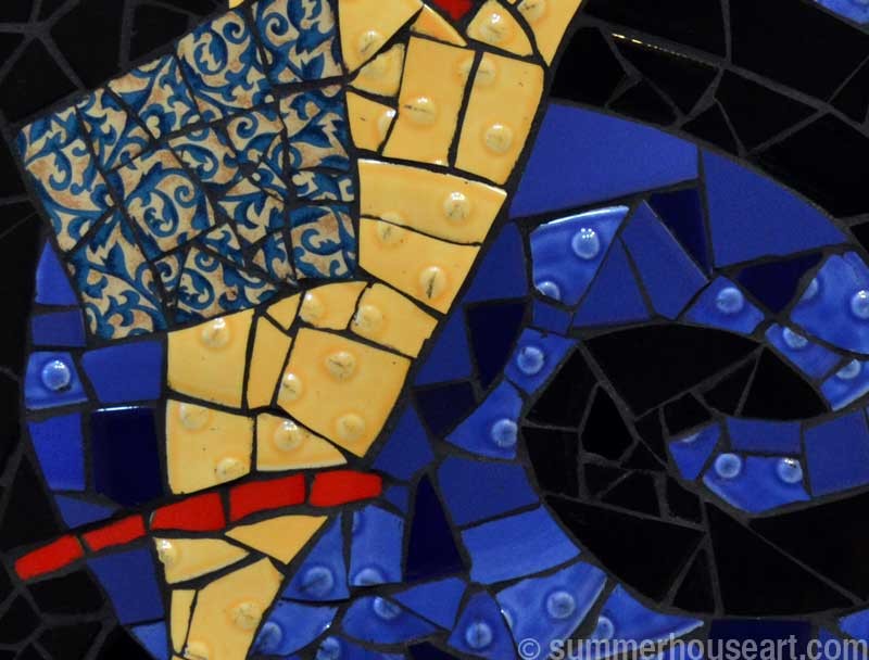 Yellow Wedge on Blue, Floating,  mosaic by Helen Bushell, summerhouseart.com