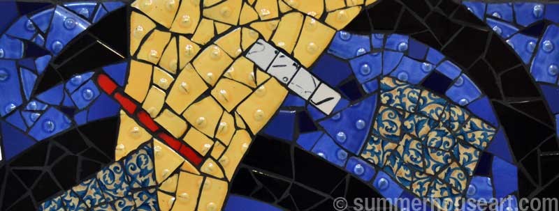 Yellow Wedge on Blue, Floating,  mosaic by Helen Bushell, summerhouseart.com