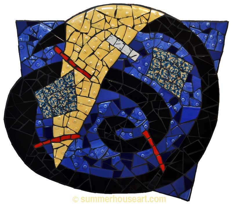 Yellow Wedge on Blue, Floating, mosaic by Helen Bushell, summerhouseart.com