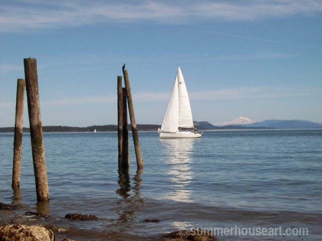 sailboat with Mt Baker in distance, summerhouseart.com