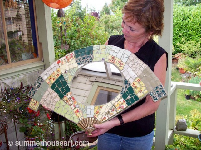 Student Judy with fan-mosaic made at Summerhouse Art mosaic classes