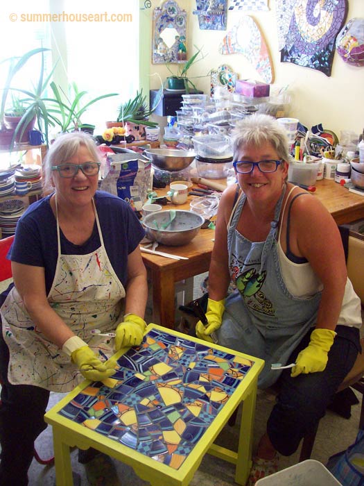 Student Bonnie with Helen Bushell, mosaic class at Summerhouse Art