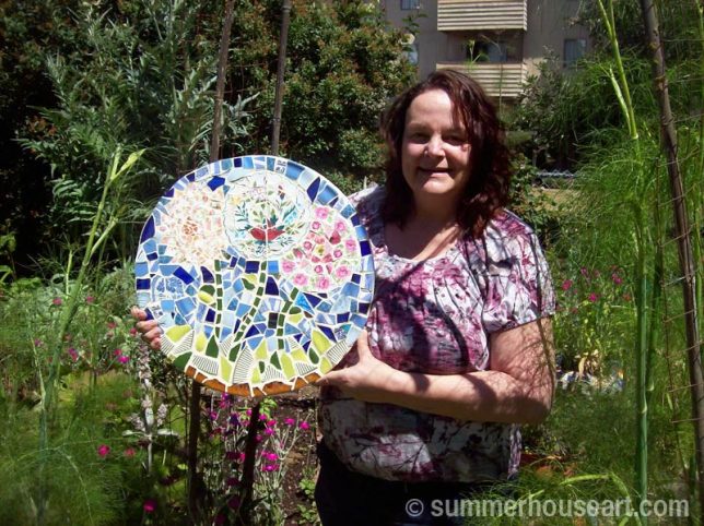 Student Jane with her lovely floral mosaic table top, summerhouseart.com Student Jane with her lovely floral mosaic table top, summerhouseart.com