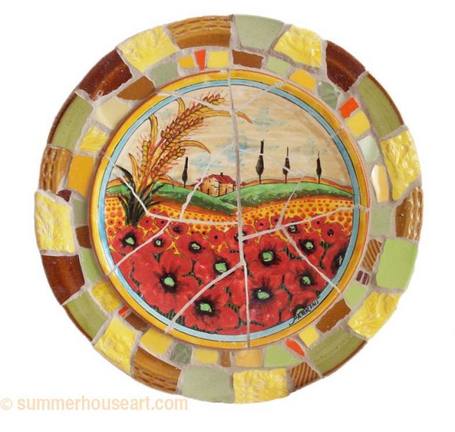Student Gail's scenic plate with mosaic border, summerhouseart.com