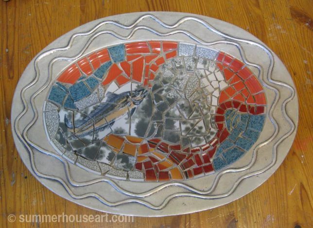 Mosaic Student Dianne's mosaic dish, ungrouted, summerhouseart.com 