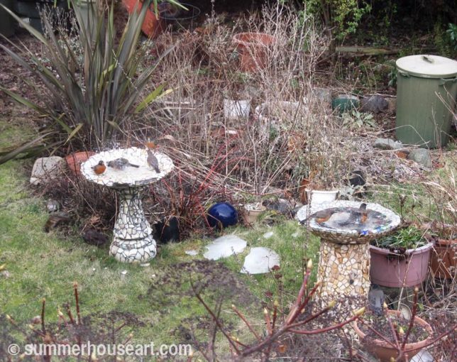 Two Mosaic Bird baths, summerhouseart.com