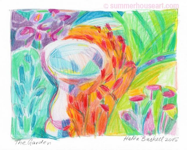 Bird Bath drawing, Helen Bushell, summerhouseart.com