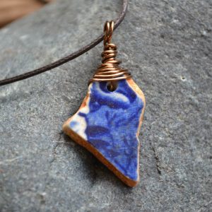 Blue beach pottery pendant with copper wrap, Will Bushell, FoundMadeArt, Etsy