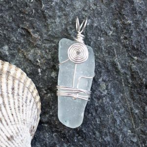 Frosty white sea glass pendant with silver wrap, Will Bushell, FoundMadeArt, Etsy