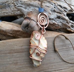 Sea Pottery Pendant, Wire Wrapped, Hammered Copper Spiral, Will Bushell, FoundMadeArt, Etsy.