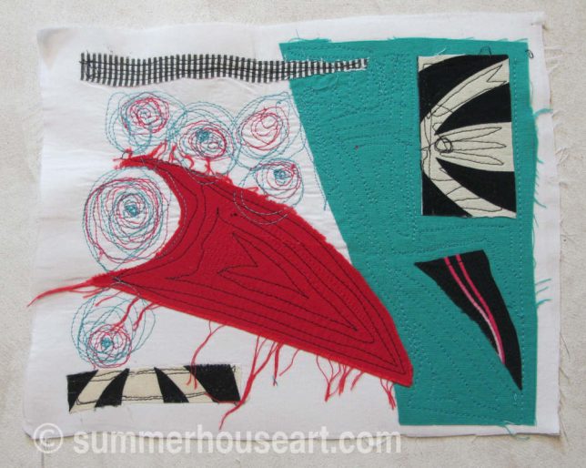 Red Rocket, fabric collage, by Helen Bushell, summerhouseart.com