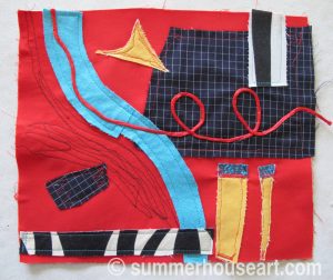 Small Abstract Fabric Collage on Red, by Helen Bushell, summerhouseart.com