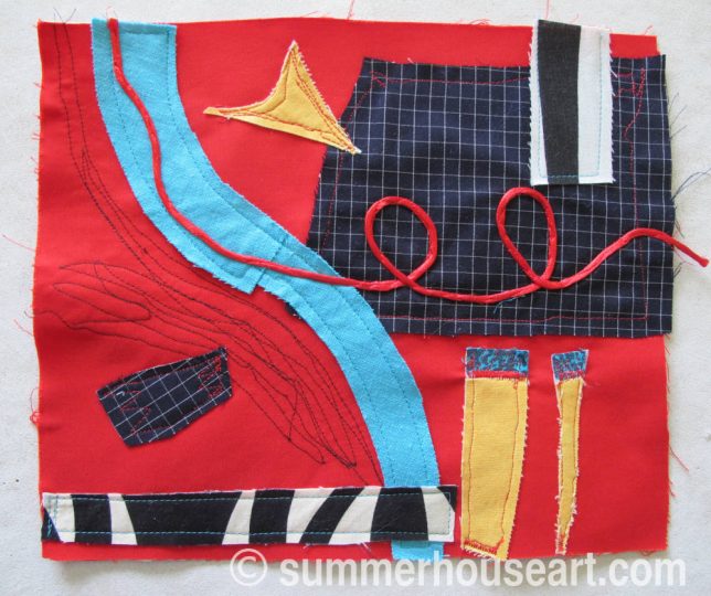Fabric Collage on Red, by Helen Bushell, summerhouseart.com