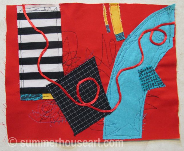 Fabric Collage on Red, by Helen Bushell, summerhouseart.com