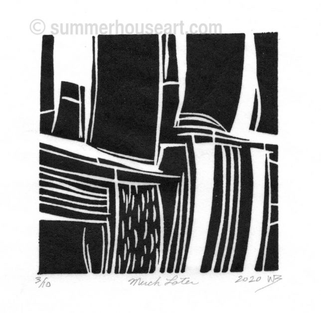 "Much Later" lino cut, by Will Bushell, summerhouseart.com