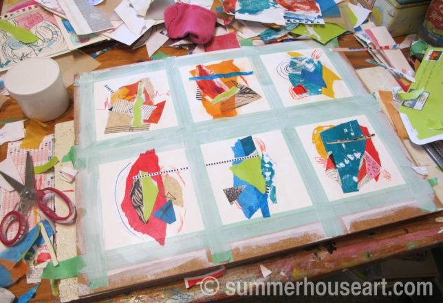 Creating paper collage in my studio, Helen Bushell, summerhouseart.com