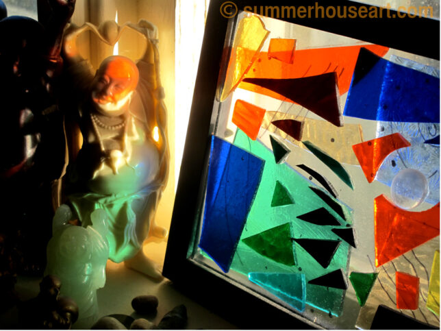 Glass collage in window, by Helen Bushell, summerhouseart.com